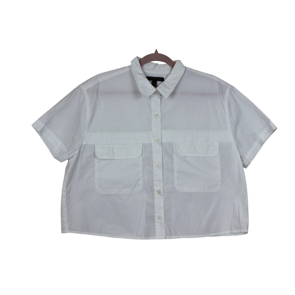 Banana Republic White Short Sleeve Button Up Cotton Cropped Blouse Top Size L